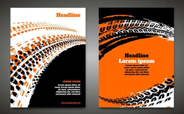 Grunge Tire Poster Set Vector automotive banner template. Grunge tire tracks background for vertical poster, digital banner, flyer, booklet, brochure, web design. Editable graphic image in black, white, orange colors off road vehicle stock illustrations