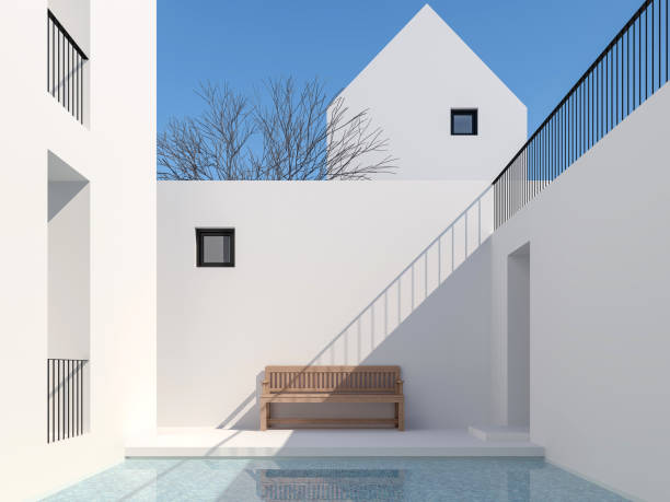 Minimal style pool courtyard 3d render Minimal style pool courtyard 3d render,There are a swimming pool with blue tiles Surrounded by white buildings Decorated with wooden benches With clear sunlight shining down. white buildings stock pictures, royalty-free photos & images