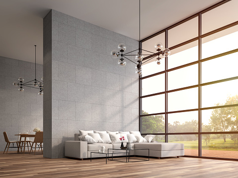 Modern high ceiling loft living and dining room 3d render.The Rooms have wooden floors ,decorate with white furniture,There are large window Overlooks wooden terrace and large garden.