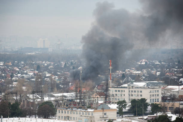 istock Fire in city on a industrial factory 1168648615