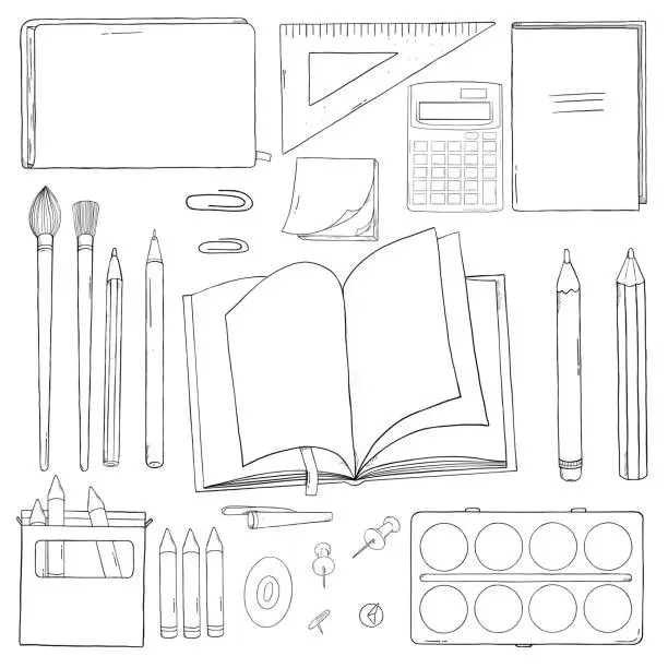 Vector illustration of Set of school stationery. Black outline on white background.
