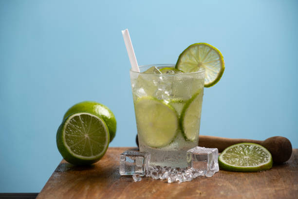 Glass of caipirinha, typical brazilian drink on a wooden board