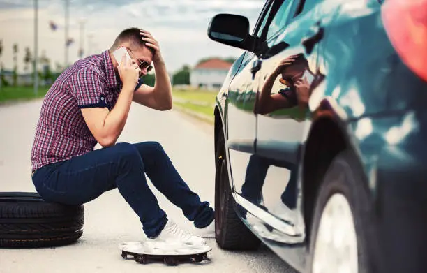 Driver on the road changing wheel and calling service with mobile phone. Transportation, traveling concept