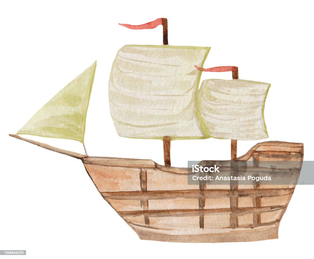 Con Tàu Màu Nước Cũ Với Những Cánh Buồm Trên Nền Trắng Minh Họa ...