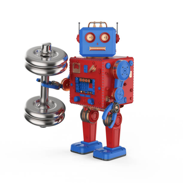 istock Robot tin toy with dumbell 1168662481