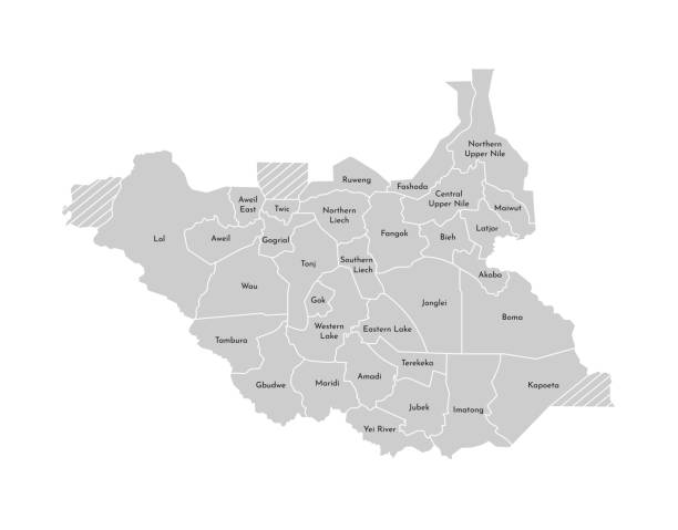 Vector isolated illustration of simplified administrative map of South Sudan. Borders and names of the provinces (regions). Grey silhouettes. White outline Vector isolated illustration of simplified administrative map of South Sudan. Borders and names of the provinces (regions). Grey silhouettes. White outline south sudan stock illustrations