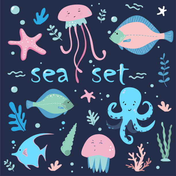 istock Sea Animals. Vector underwater animal creatures and fish in the sea, octopus, fish, algae and starfish isolated on blue background. Sea set. Cute cartoon for kid`s print 1168664193