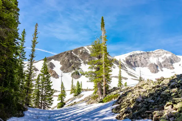 Summit top in Thomas Lakes Hiking in Mt Sopris, Carbondale, Colorado in early 2019 summer with snow on peak