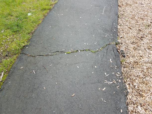 istock black asphalt trail or path with cracks and grass 1168669841