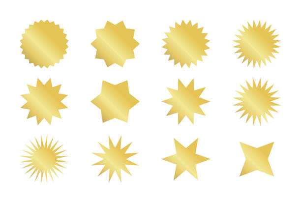 illustrations, cliparts, dessins animés et icônes de ensemble d'autocollants starburst. insignes sunburst dorés dans différents styles. - deflated