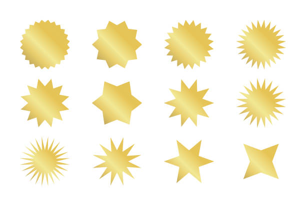 ilustrações de stock, clip art, desenhos animados e ícones de starburst sticker set. golden sunburst badges in different styles. - deflated