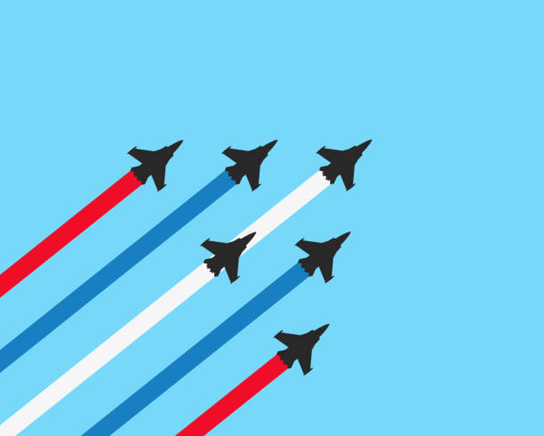 Military fighter jets with trails on a blue background. Vector airplane show illustration Vector illustration flat design of military fighter jets with trails on a blue background. Vector airplane show illustration military symbol computer icon war stock illustrations