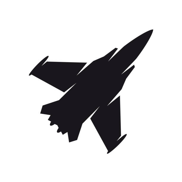 ilustraciones, imágenes clip art, dibujos animados e iconos de stock de símbolo de avión militar negro. avión de combate, icono de avión o concepto de signo. - jet