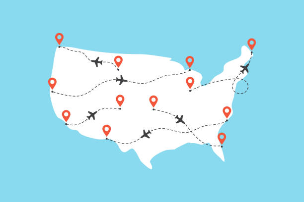 mapa usa z trasami lotu samolotu na niebieskim tle - tourism travel europe northern europe stock illustrations