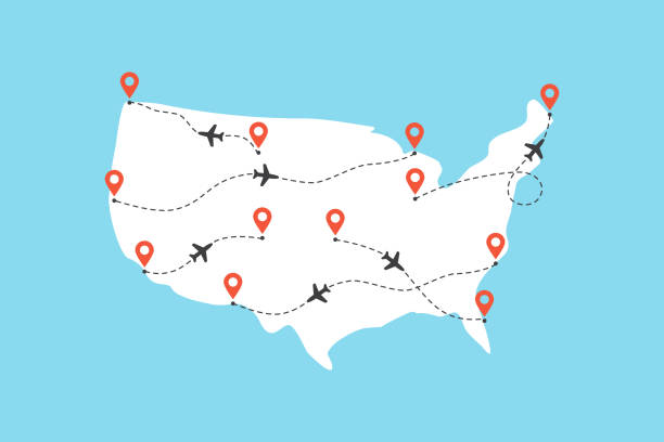 USA map with airplane flight paths on a blue background Vector illustration flat design of USA map with airplane flight paths isolated on a blue background country geographic area stock illustrations