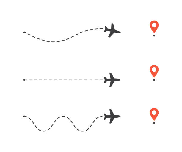 набор траектории полета самолета к расположению штифта. линии маршрута самолета. иллюстрация вектора туризма и путешествий. - flybe stock illustrations