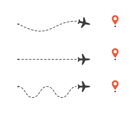 Vector illustration flat design of airplane path to location pin set. Plane route lines. Tourism and travel vector illustration.