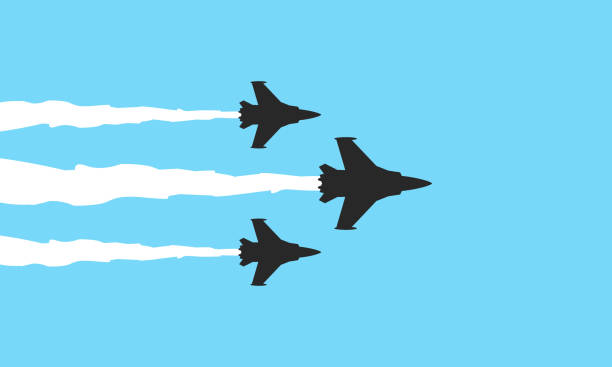 ilustraciones, imágenes clip art, dibujos animados e iconos de stock de tres símbolos de cazas militares sobre fondo azul. los chorros muestran la ilustración vectorial - jet