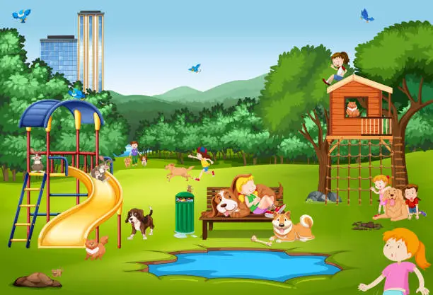 Vector illustration of Scene with kids and animals in the park