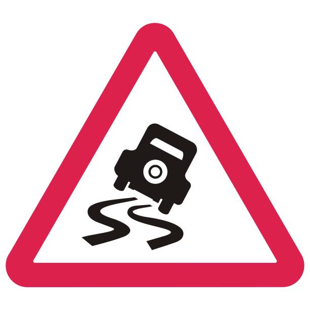 znak drogowy, niebezpieczeństwo poślizgu, ikona wektora - white background car vehicle part brake stock illustrations