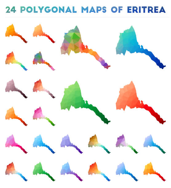 Set of vector polygonal maps of Eritrea. Set of vector polygonal maps of Eritrea. Bright gradient map of country in low poly style. Multicolored Eritrea map in geometric style for your infographics. silhouette of a eritrea stock illustrations