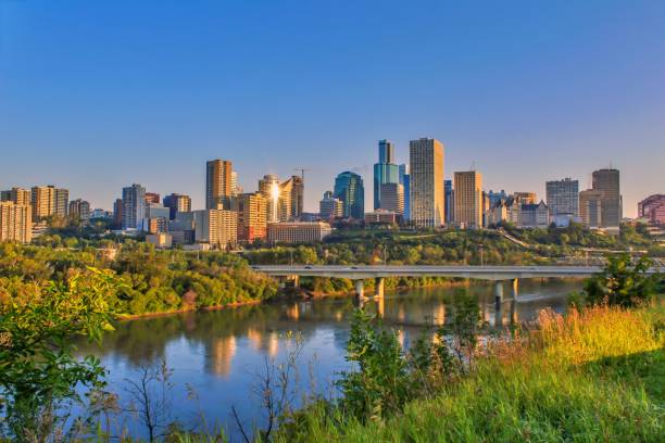 Panoramic Sunlit City A beautiful view of downtown Edmonton during a sunshine morning in the summertime alberta stock pictures, royalty-free photos & images