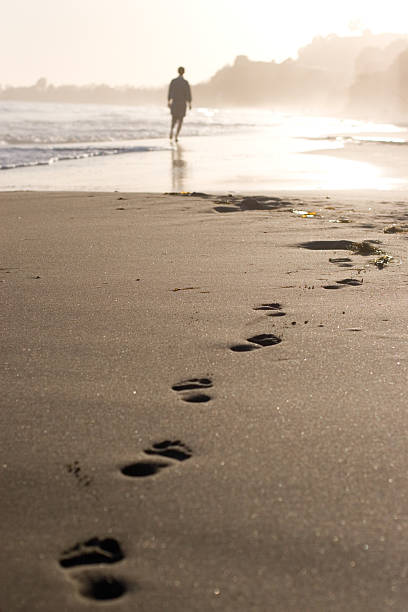 przeszukiwacz plaż - men footprint beach sunset zdjęcia i obrazy z banku zdjęć