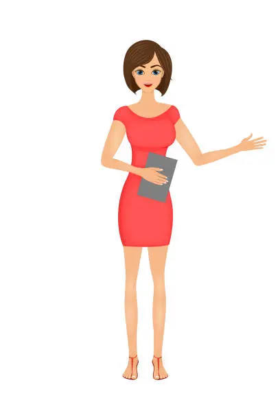 Vector illustration of illustration of cute cartoon business woman in a red dress with a folder