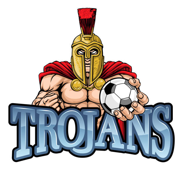 ilustrações, clipart, desenhos animados e ícones de trojan spartan soccer football sports mascote - roman army isolated on white classical greek