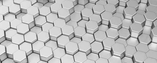 Abstract technological background with steel hexagon cells. 3d illustration of honeycomb structure.