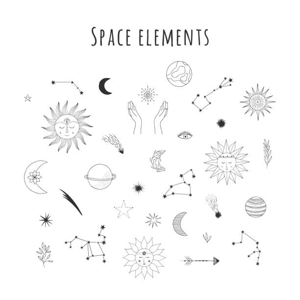 Set Of Hand Drawn Space Design Elements Sun With Face Falling Star Comet  Planet Zodiac Sign Hands Crescent Half Moon Starburst Vector Doodle  Isolated Illustration Stock Illustration - Download Image Now - iStock