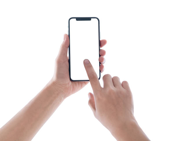 istock hand holding phone mobile and touching screen isolated on white background 1168706336