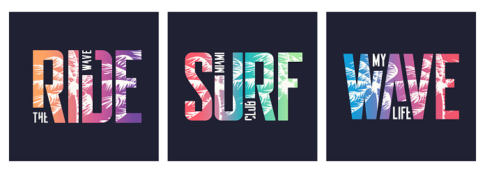 Collection of three vector graphic t-shirt designs, typography, prints on the topic of sufing.