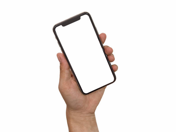 istock close up hand hold phone isolated on white, mock-up smartphone white color blank screen 1168706891