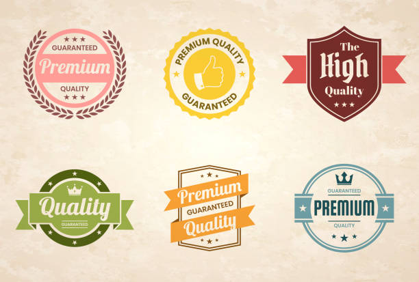 Set of "Quality" Colorful Vintage Badges and Labels - Design Elements Set of 6 "Quality" Vintage multicolored badges and labels (Red, orange, yellow, green, blue, pink), isolated on a brown retro background with an effect of old textured paper (Premium - Guaranteed Quality, Premium Quality Guaranteed, The High Quality, Quality - Guaranteed, Premium Quality - Guaranteed). Elements for your design, with space for your text. Vector Illustration (EPS10, well layered and grouped). Easy to edit, manipulate, resize or colorize. badge stock illustrations