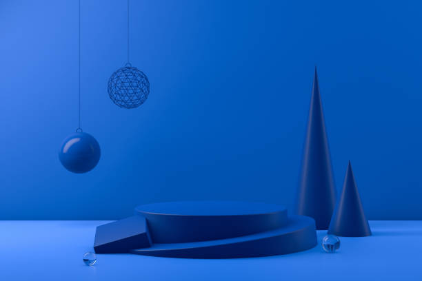 3D Empty Product Stand, Platform on blue background, Christmas Concept