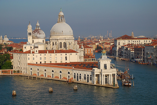 Venice in the morning sun, Italy: Basilica di Santa Maria della Salute und Punta della Dogana, Grand Canal, in the background Mestre, aerial view