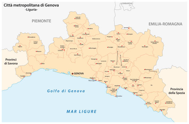 ilustrações, clipart, desenhos animados e ícones de mapa administrativo e político da cidade metropolitana de gênova, na região da ligúria itália - liguria