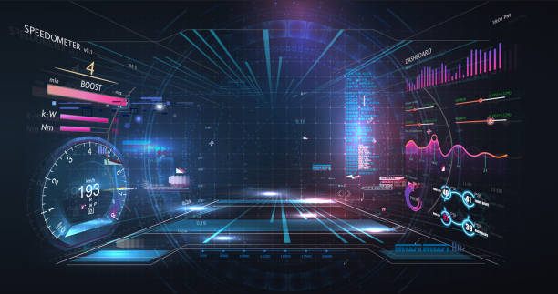 Virtual reality. Futuristic VR head-up display design. Sci-Fi helmet HUD, GUI,UI. Futuristic display with data, speedometer and statistics panel. Cockpit of futuristic autonomous car. High tech screen Virtual reality. Futuristic VR head-up display design. Sci-Fi helmet HUD, GUI,UI. Futuristic display with data, speedometer and statistics panel. car technology stock illustrations