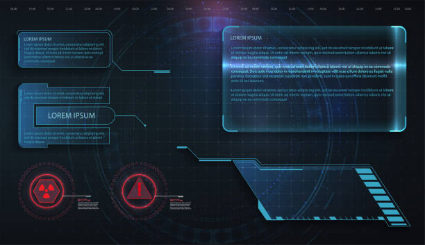 HUD, UI, GUI futuristic frame user interface screen elements set. Set with call outs communication. Abstract control panel layout design. Virtual hi Scifi technology gadget interface for game app HUD, UI, GUI futuristic frame user interface screen elements set. Set with call outs communication. Abstract control panel layout design. hud stock illustrations