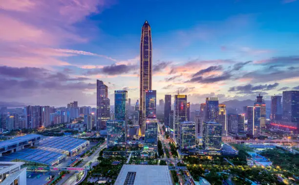 skyscrape of Shenzhen city in China at sunset