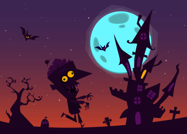 istock Scary haunted house and walking zombie. Halloween background illustration 1168725757