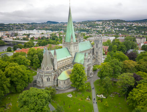 Aerial panorama of the famous Nidarosdom, Nidaros Cathedral in Trondheim in Trøndelag county, Norway. Converted from RAW.