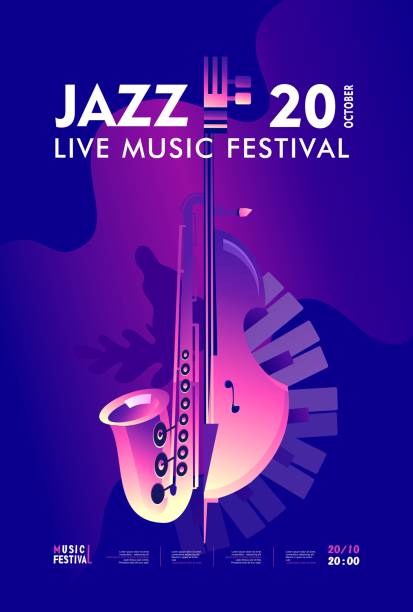 ilustrações, clipart, desenhos animados e ícones de poster da música jazz - blues saxophone jazz musical instrument