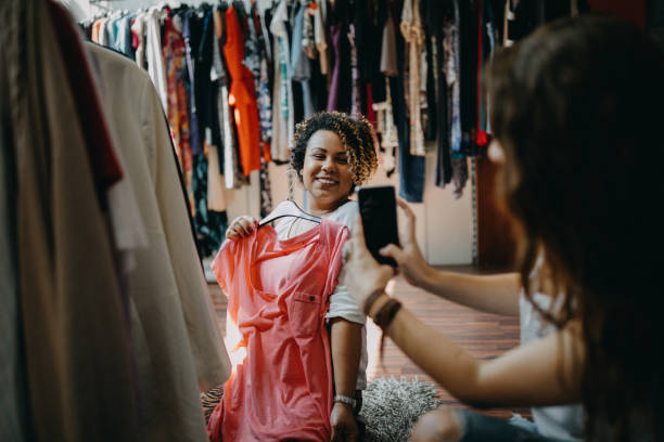 istock Young women vintage clothes shopping 1168727924