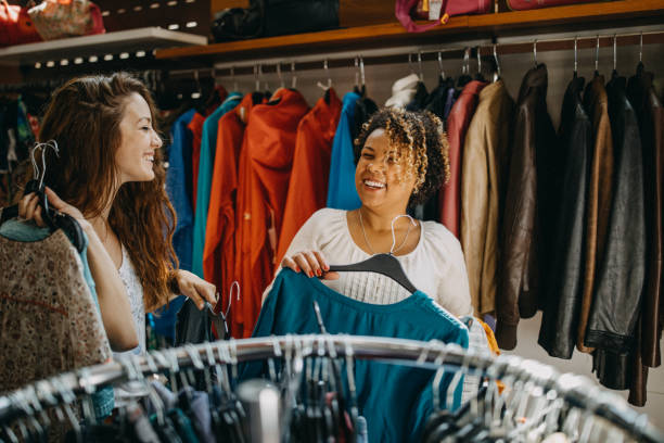 istock Young women vintage clothes shopping 1168730828