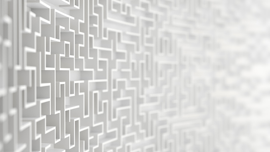 Endless white labyrinth maze background 3d illustration with Depth of Field.