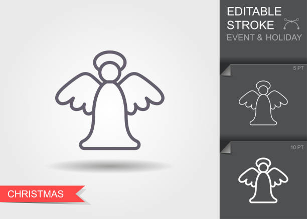 illustrations, cliparts, dessins animés et icônes de ange de noel. icône de contour avec le trait modifiable. symbole linéaire de la fête avec l'ombre - white background decor religious celebration christmas