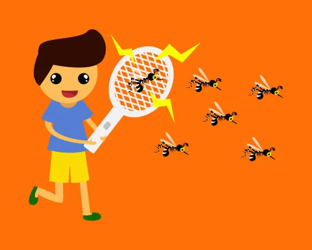 Vector illustration of The children frighting mosquitoes by  Mosquito swatter.