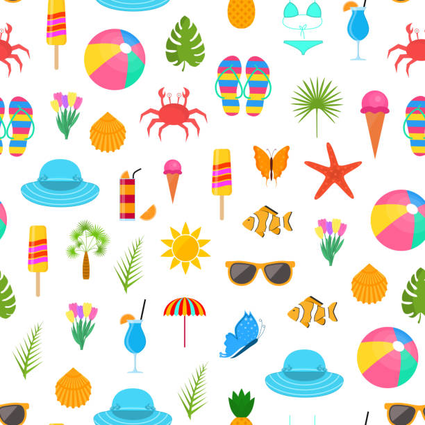 ilustrações de stock, clip art, desenhos animados e ícones de summer time color elements seamless pattern background. vector - slipper beach backgrounds sea